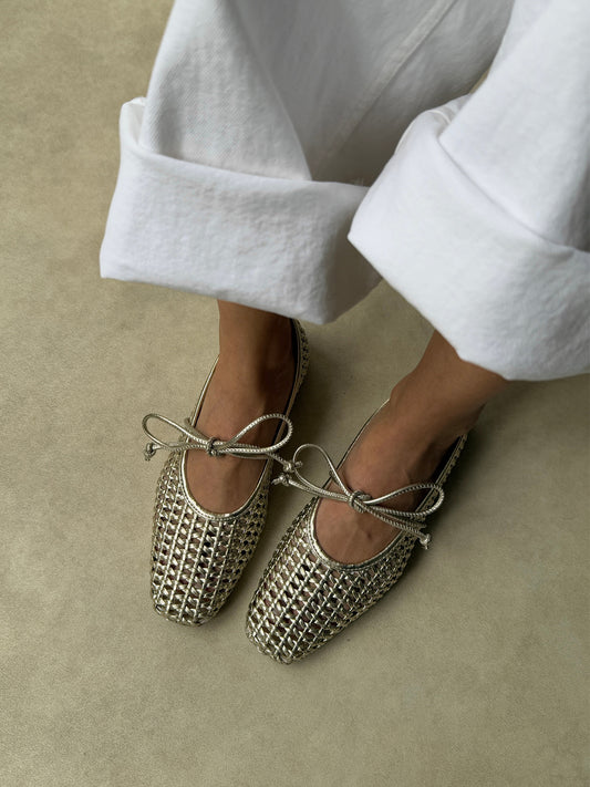 Metallic Silver Woven Vegan Leather Square-Toe Mary Jane Stylish Ballet Flats