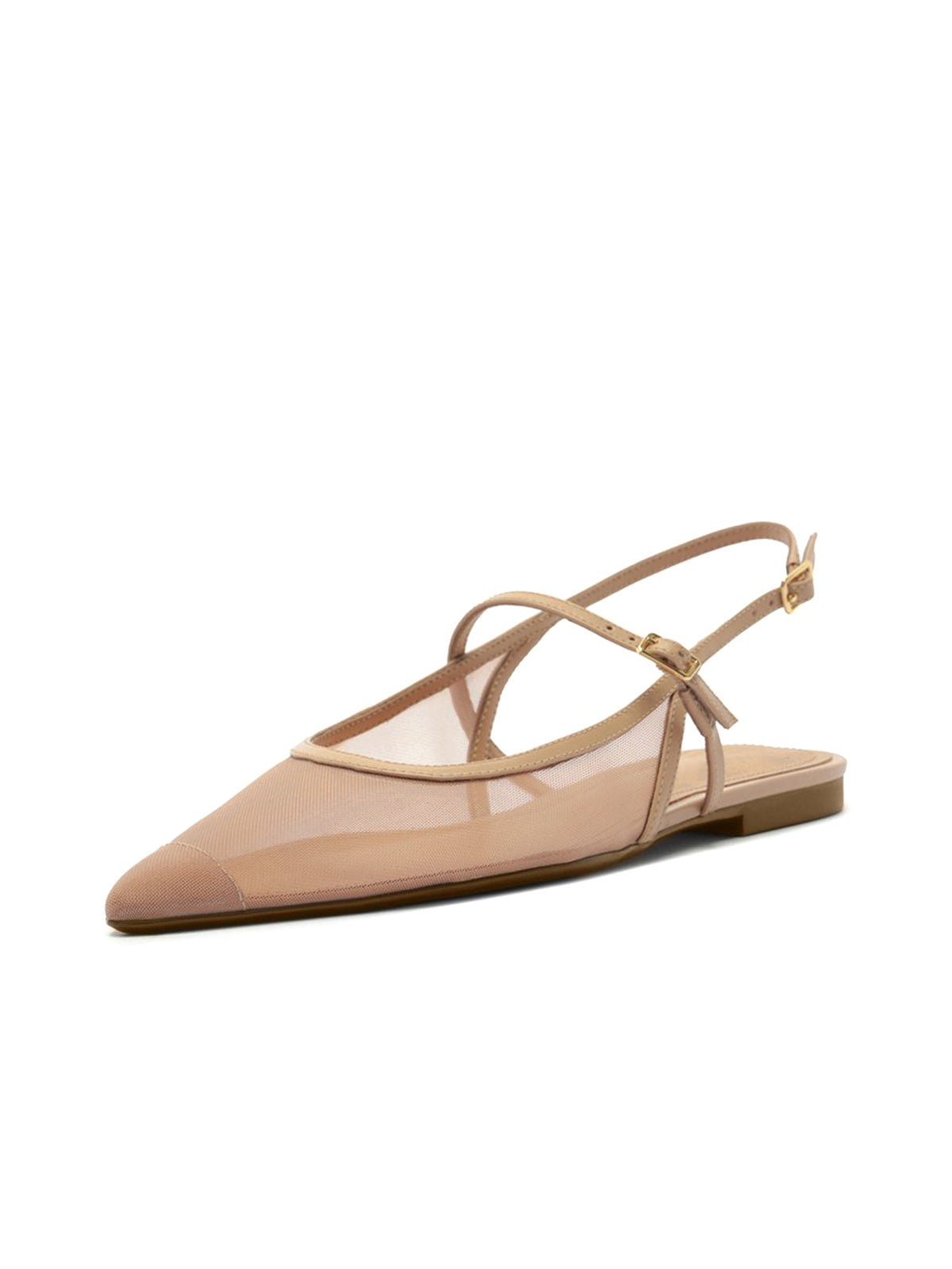 Nude Mesh And Vegan Leather Pointed-Toe Buckle Slingback Flats