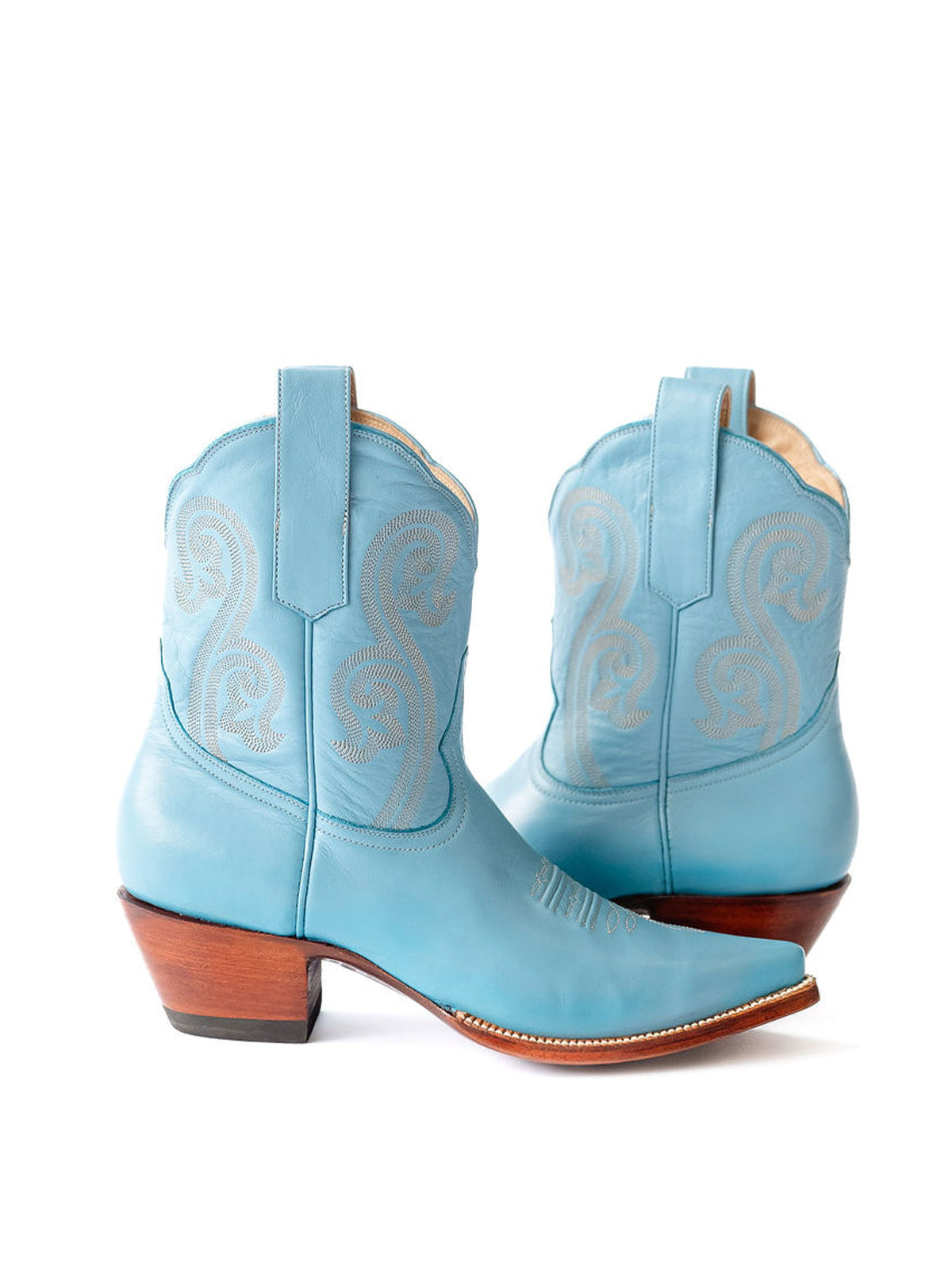 Blue Almond-Toe Embroidery Ankle Booties