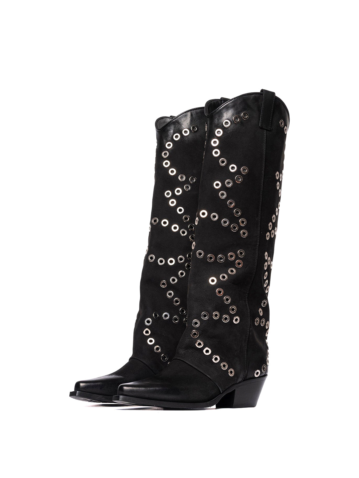 Black Faux Suede Snip-Toe Eyelet Wide Calf Knee High Cowgirl Boots