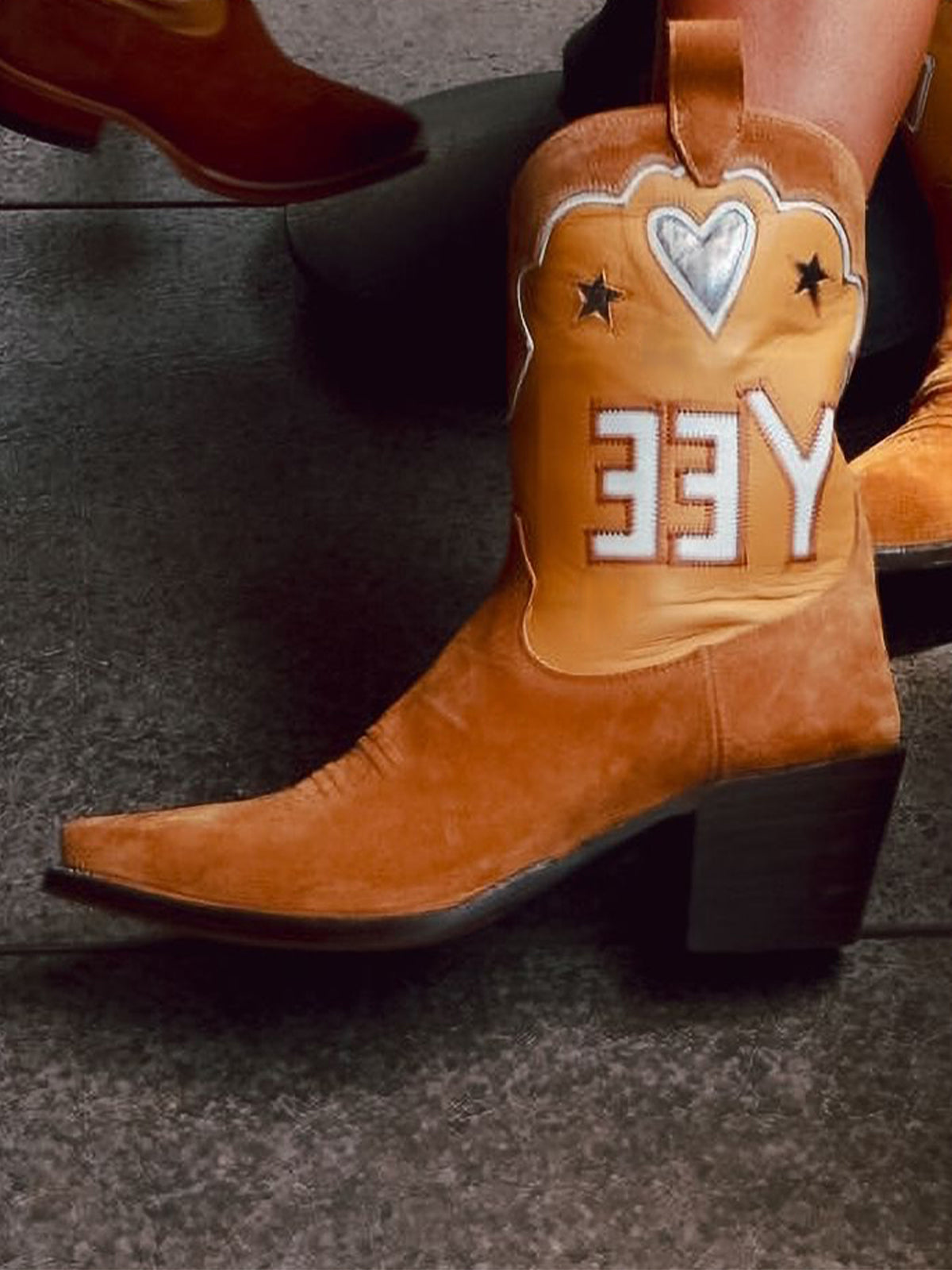 Tan Faux Suede And Vegan Leather Metallic Heart Star Inlay And Letter Inlay Mid Calf Cowgirl Boots