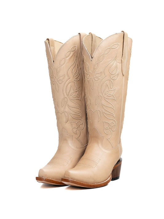 Snip-Toe Sleek Embroidery Half-Zip Knee High Cowgirl Boots For Woman - Beige