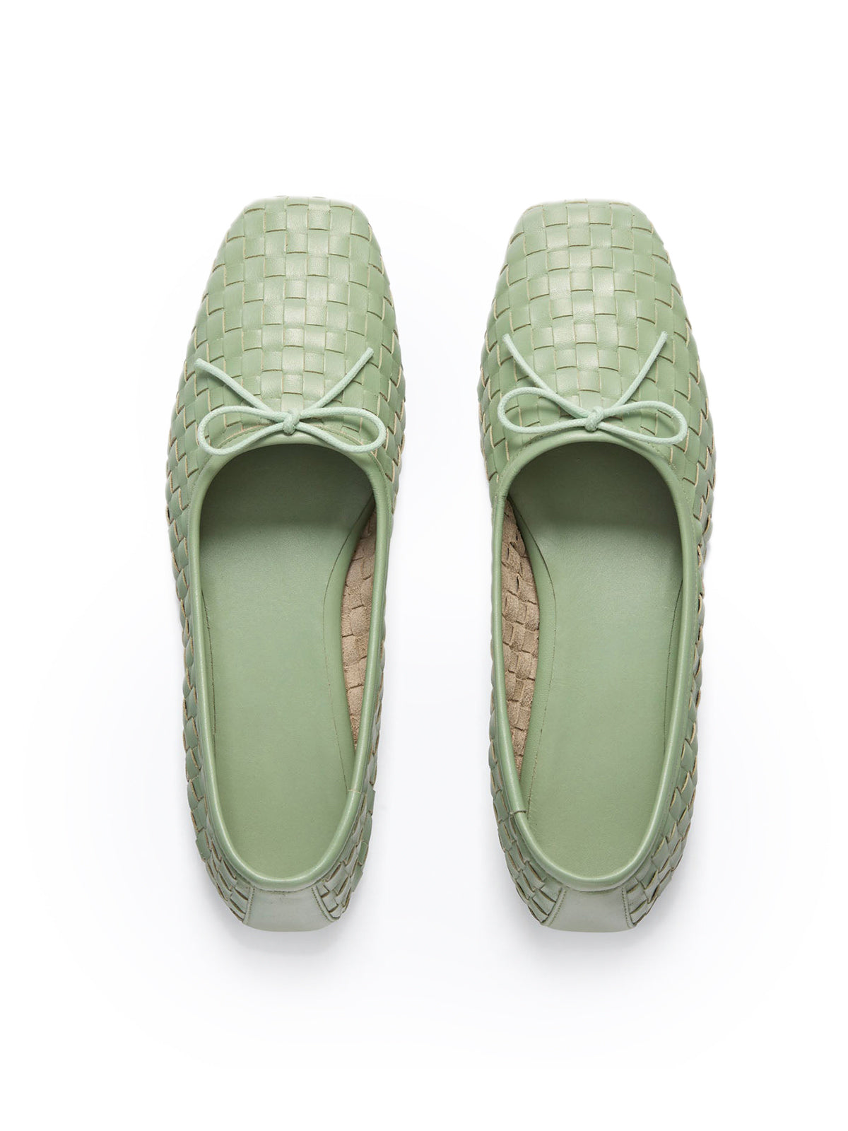 Vegan Leather Woven Square-Toe Bow Ballet Flats - Seafoam Green
