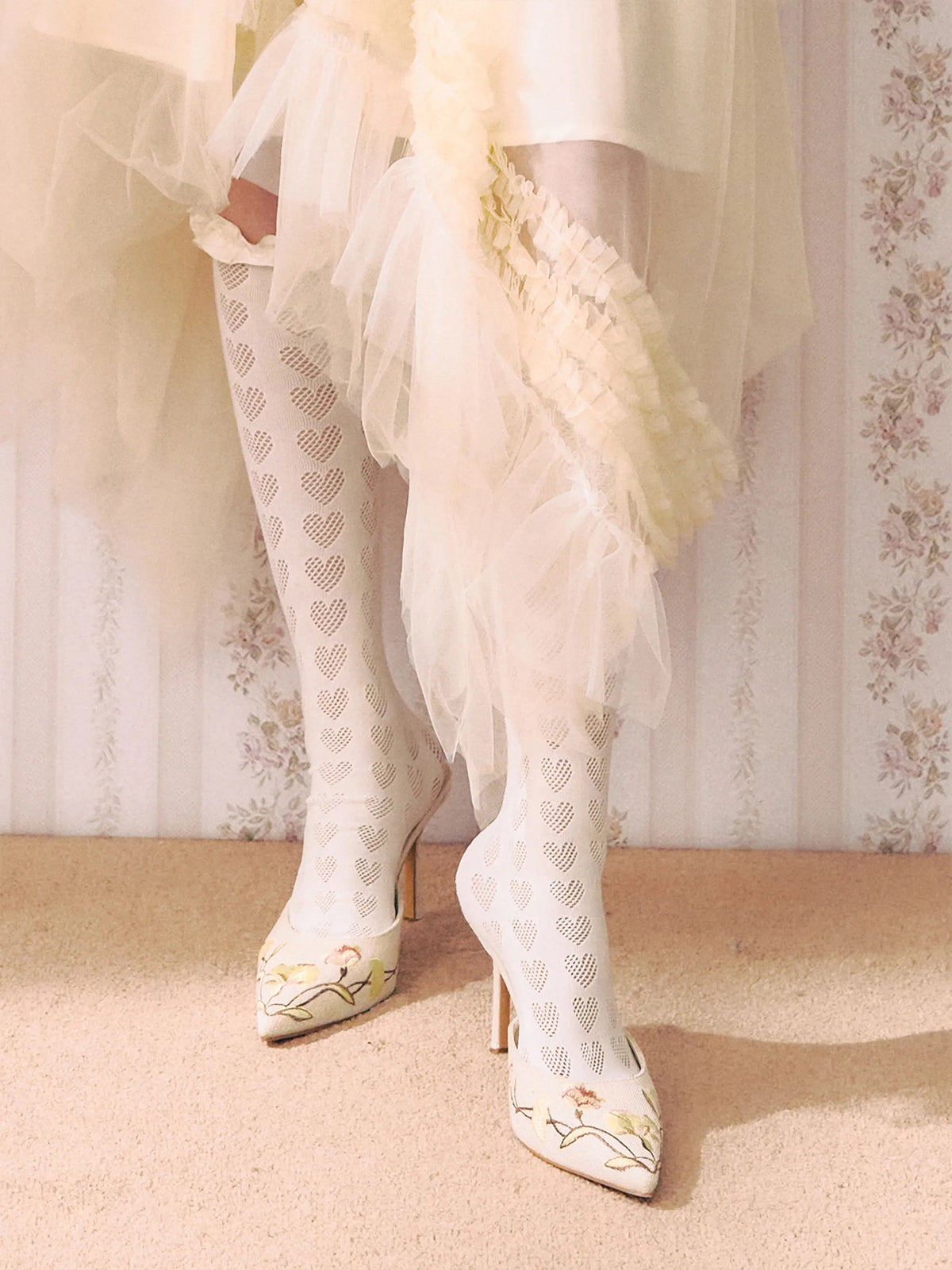 Beige Woven Canvas Pointed-Toe Flower Embroidery Slip-On High Heels