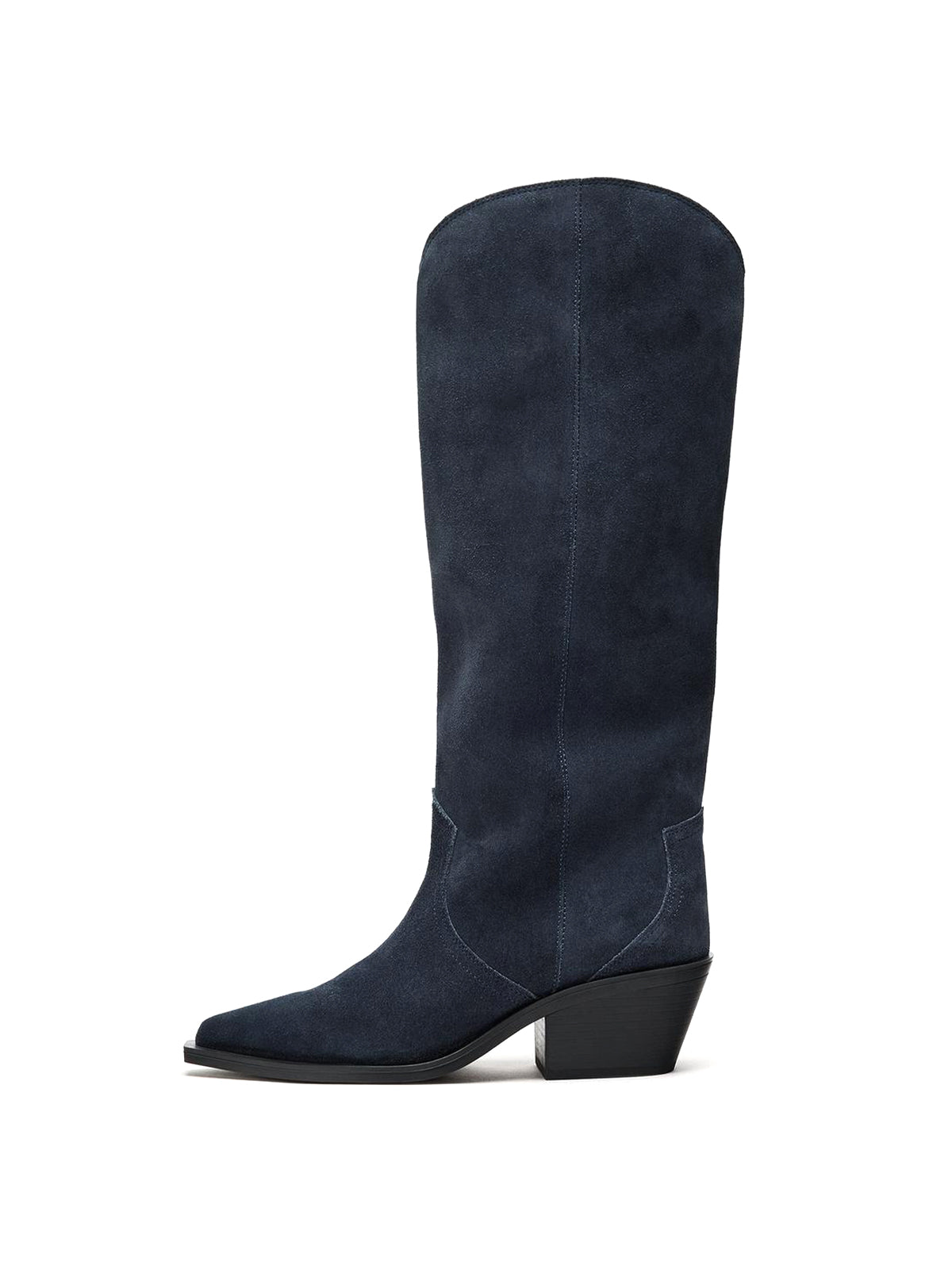 Dark Blue Faux Suede Pointed-Toe Sleek Wide Calf Chic Knee High Cowgirl Boots