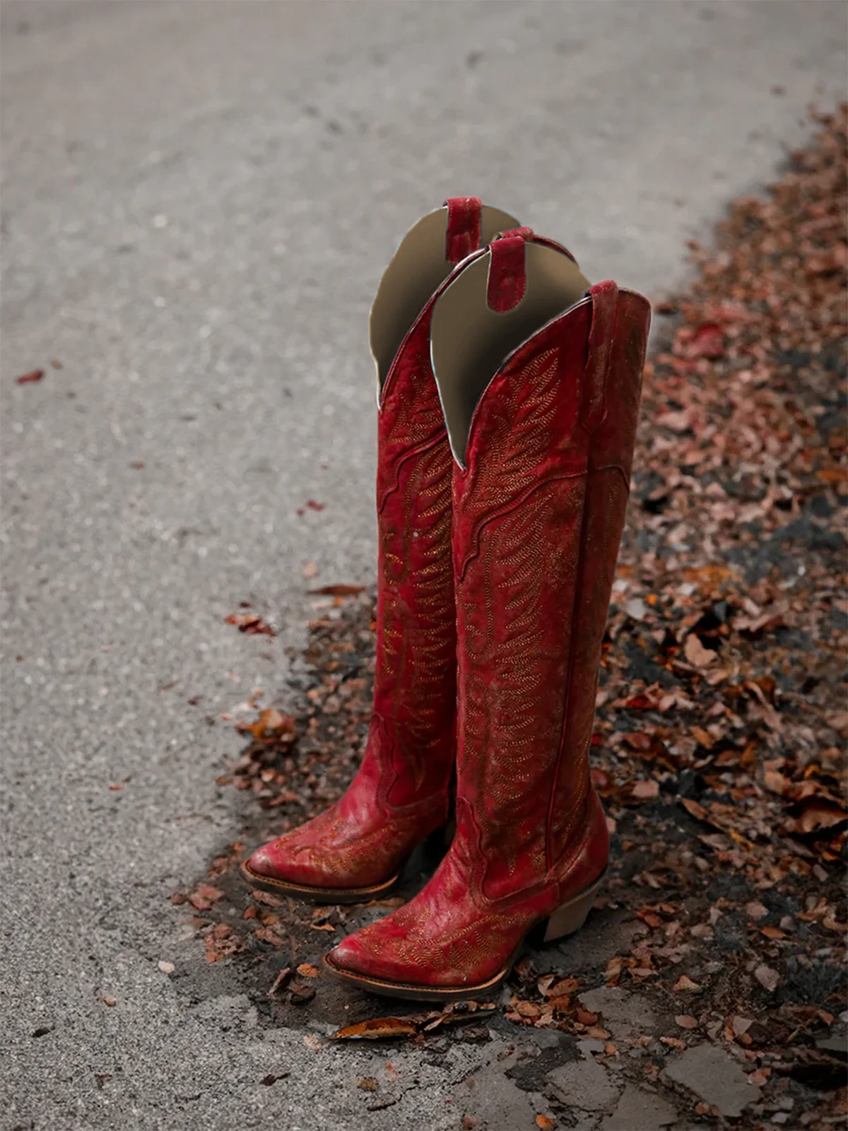 Almond-Toe Classic Embroidery Half-Zip Over-The-Knee Cowgirl Boots - Distressed Red