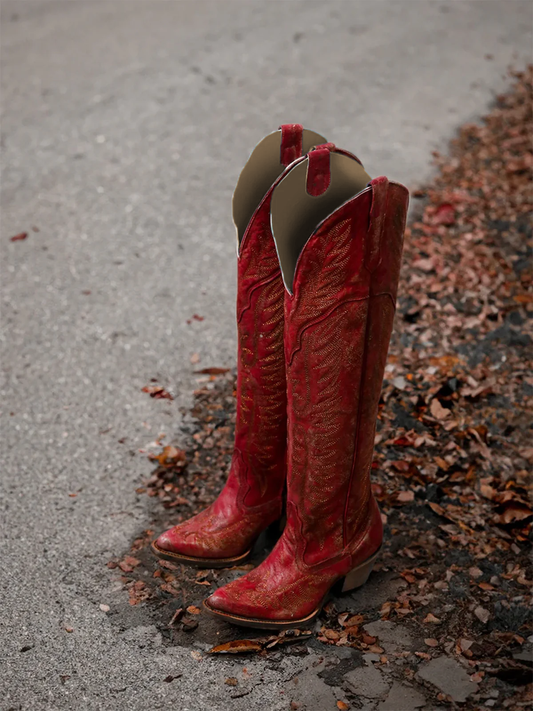 Almond-Toe Classic Embroidery Half-Zip Over-The-Knee Cowgirl Boots - Distressed Red