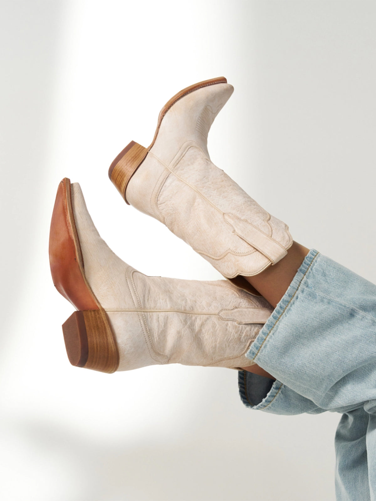 Distressed Ivory Snip-Toe Simple Mid Calf Chic Cowgirl Boots