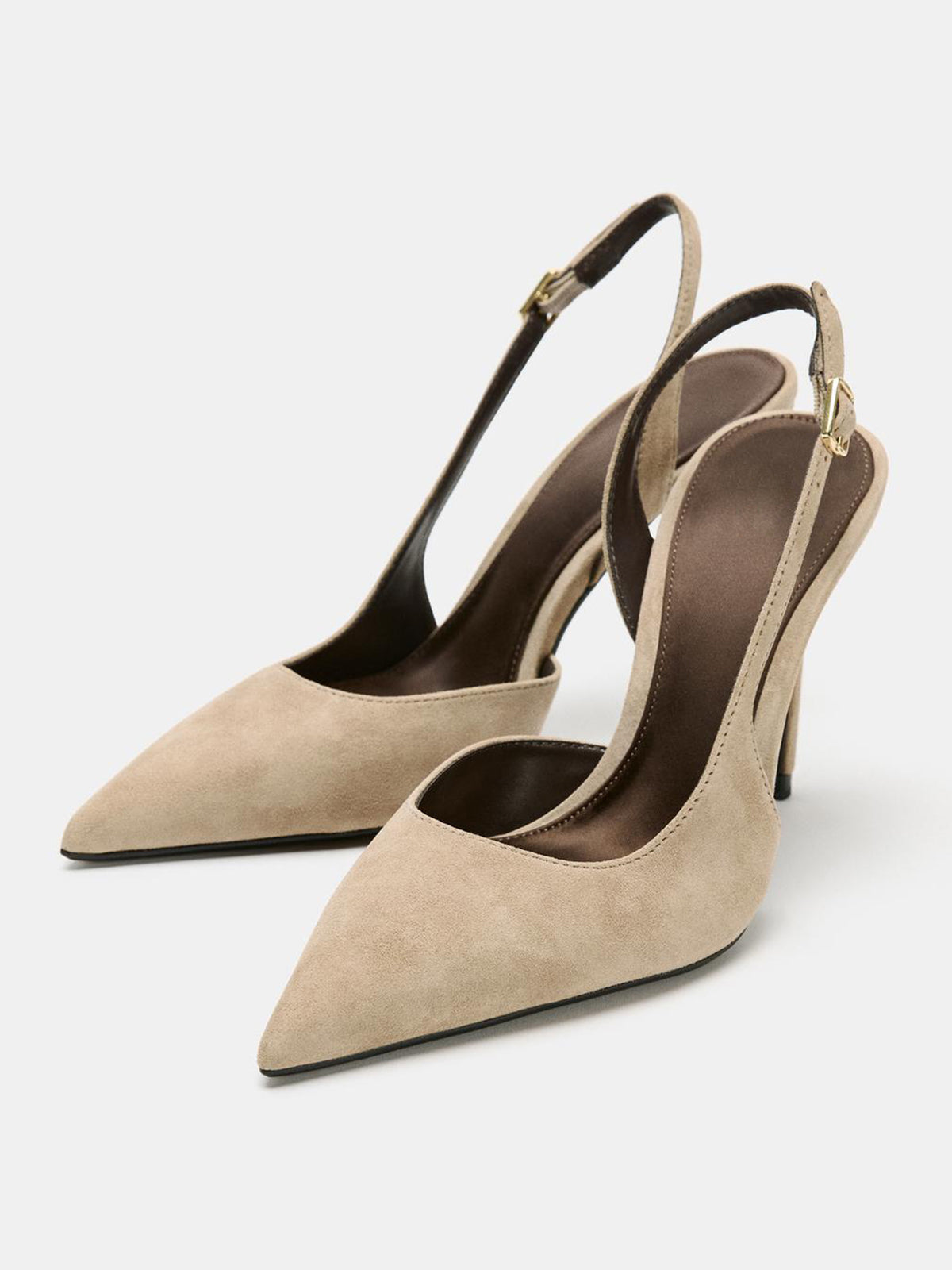 Beige Faux Suede Pointed-Toe Buckle Back Strap High Stiletto Heels