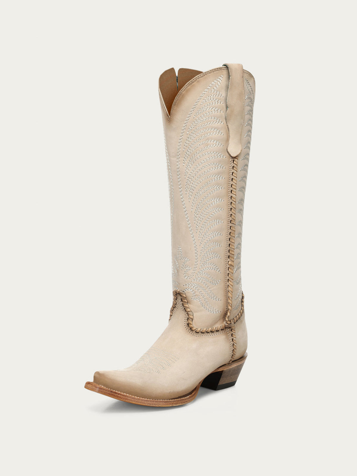 Bone Snip-Toe Embroidery Side Woven Detail Full-Zip Knee High Cowgirl Boots