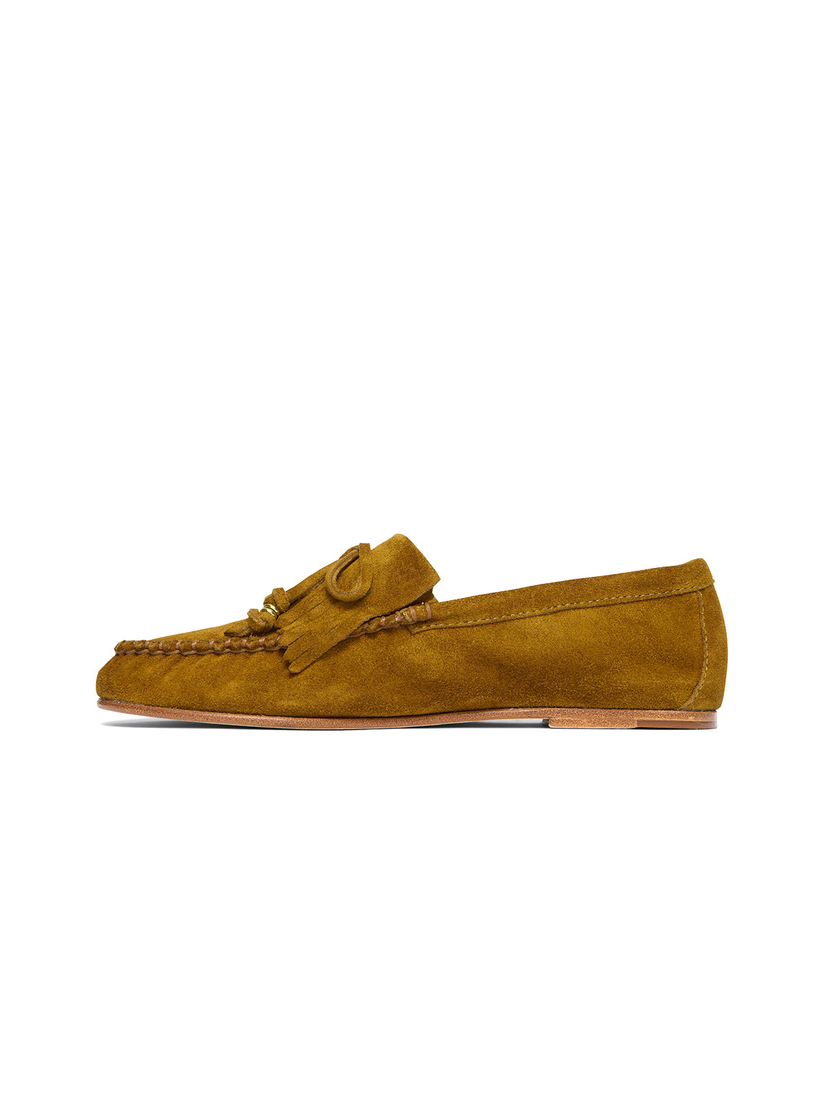 Caramel Cow Suede Round-Toe Front Fringe And Bow Loafers Flats