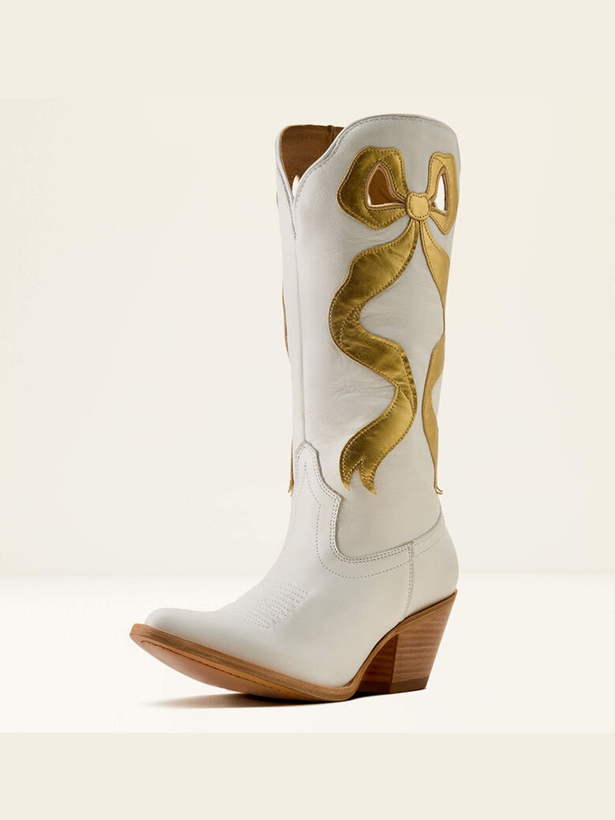 Ivory Almond-Toe Gold Side Big Bow Applique Mid Calf Cowgirl Boots
