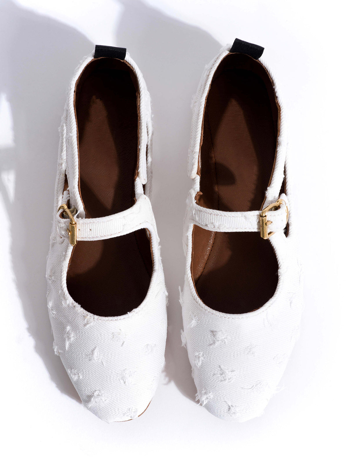 Square-Toe Buckle Strap Chic Flats - White Denim
