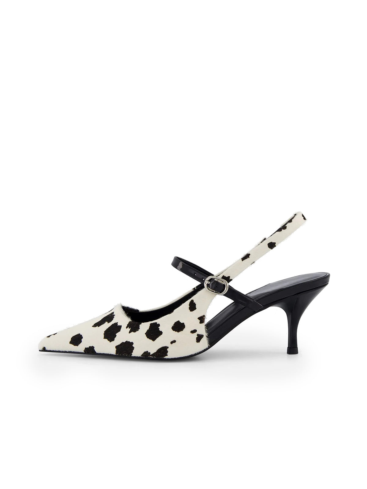 Cow Print Pointed-Toe Patent Middle Strap And Slingback Kitten Heels