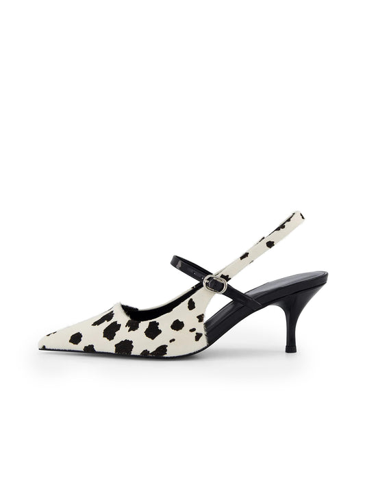 Cow Print Pointed-Toe Patent Middle Strap And Slingback Kitten Heels