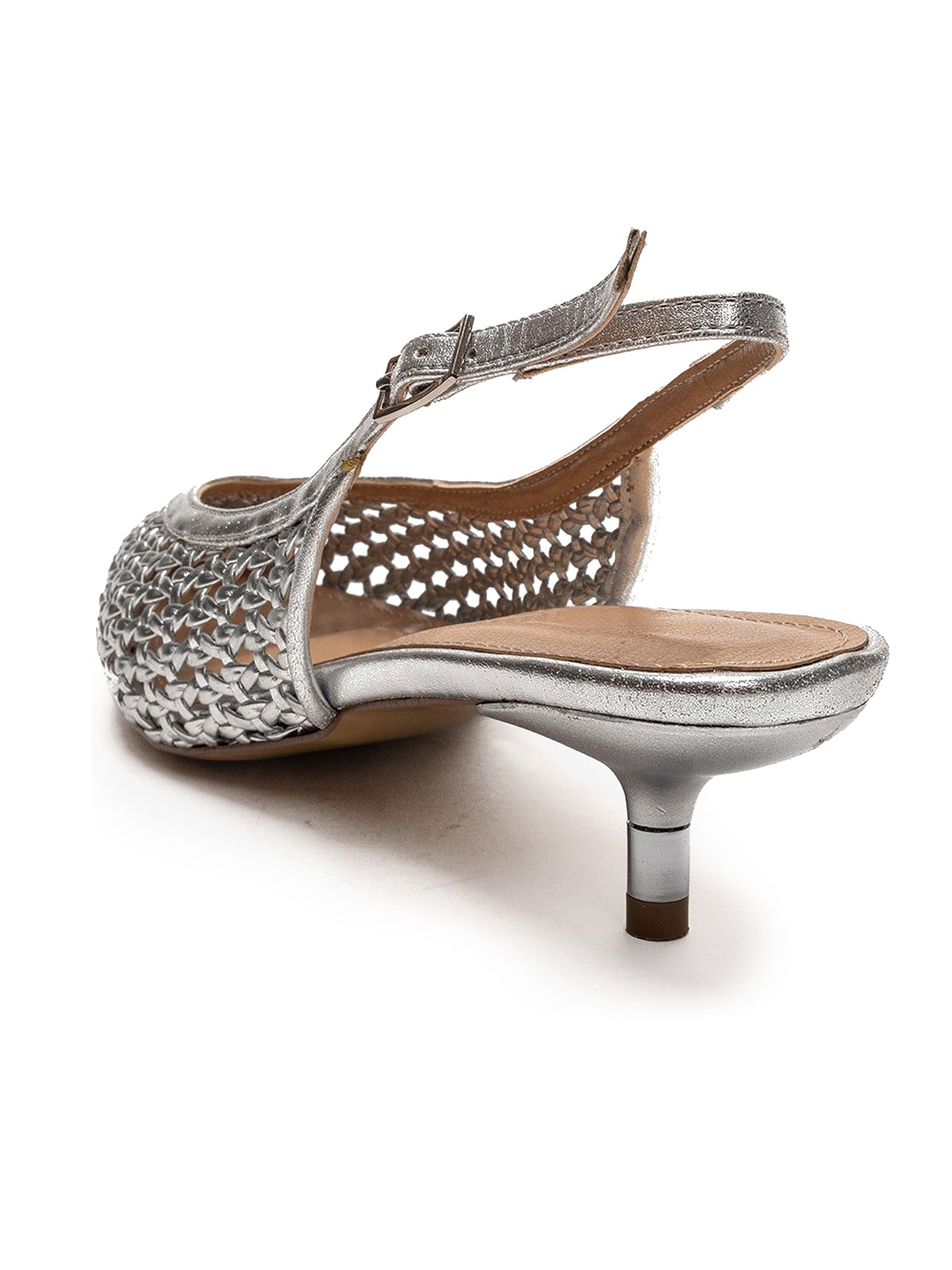 Metallic Silver Woven Vegan Leather Pointed-Toe Classic Back Strap Pumps Kitten Heels