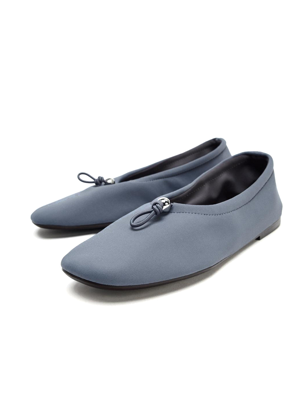 Blue Elastic Fabric Round-Toe Adjustable Front Pull Tab Ballet Flats