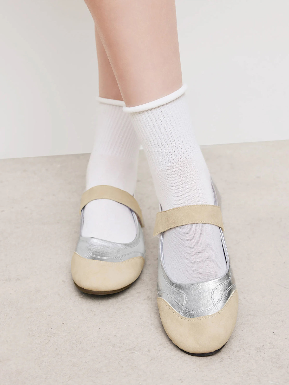 Beige And Silver Round-Toe Chic Mary Jane Classic Flats