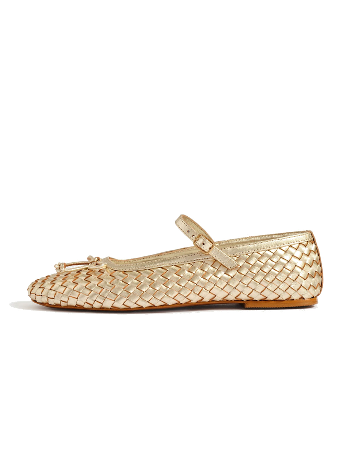 Metallic Gold Woven Vegan Leather Square-Toe Front Bow And Mary Jane Flats
