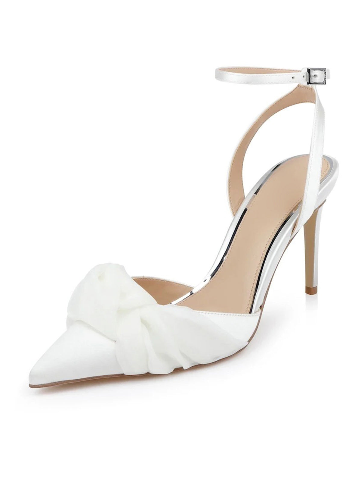 White Satin Pointed-Toe Front Soft Knot Slingback Ankle Strap High Heels