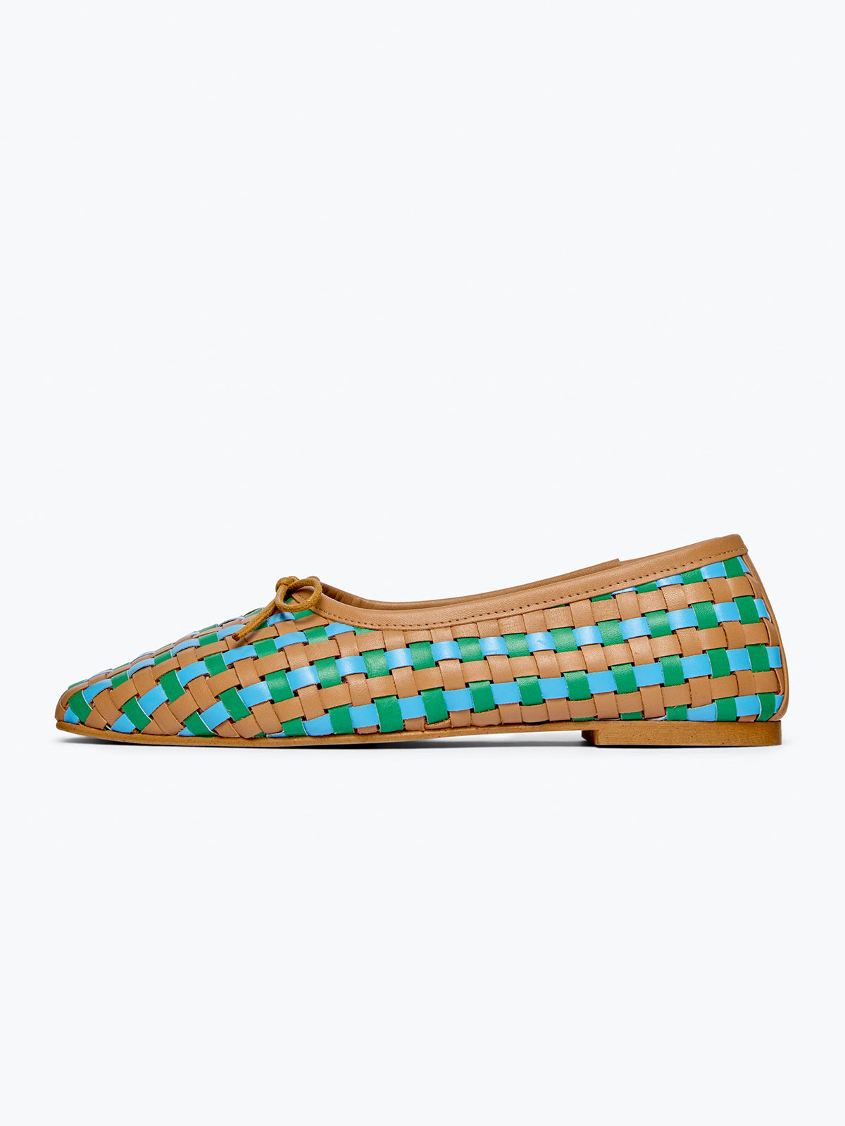 Woven Vegan Leather Square-Toe Front Bow Slip-On Ballet Flats - Cognac And Blue