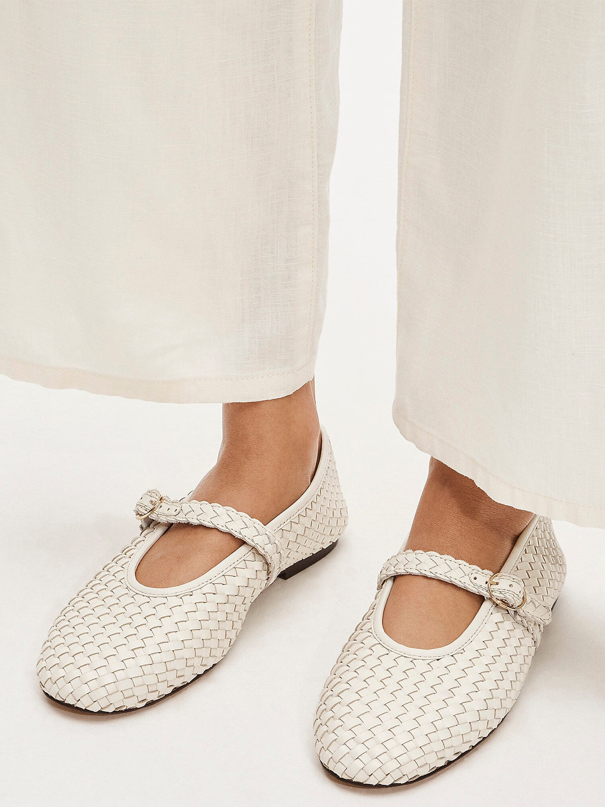 Ivory Woven Vegan Leather Round-Toe Mary Jane Ballet Flats