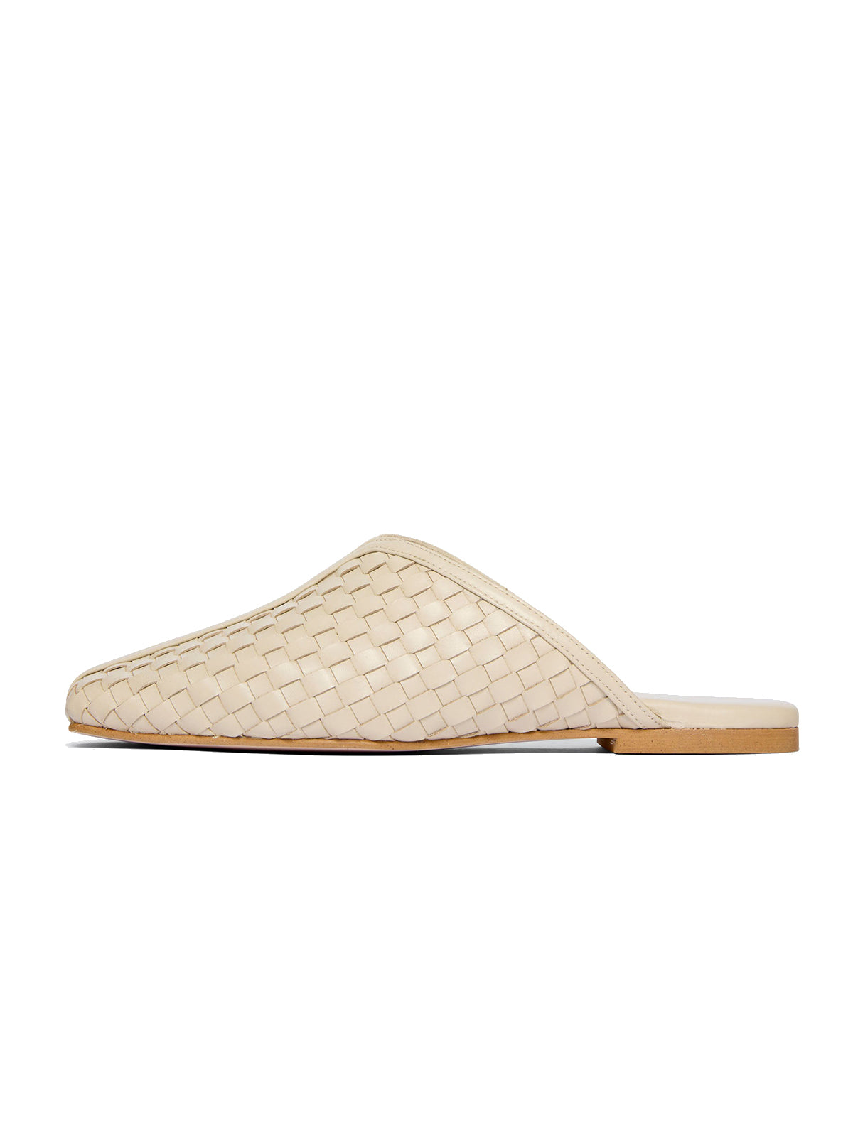 Beige Woven Vegan Leather Square-Toe Simple Backless Slide Flats