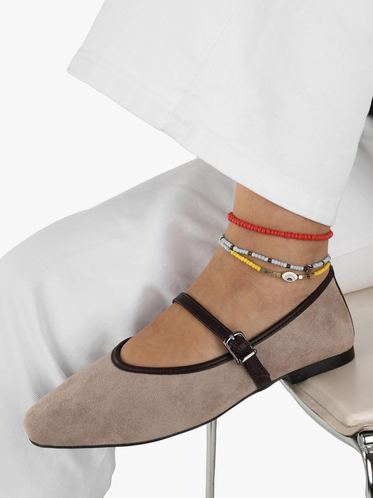 Light Taupe Faux Suede Square-Toe Buckle Bridge Strap Classic Ballet Flats