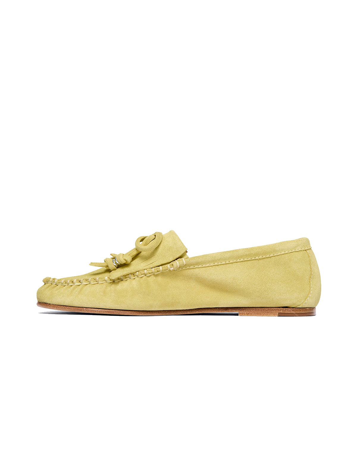 Yellow Cow Suede Round-Toe Front Fringe And Bow Loafers Flats