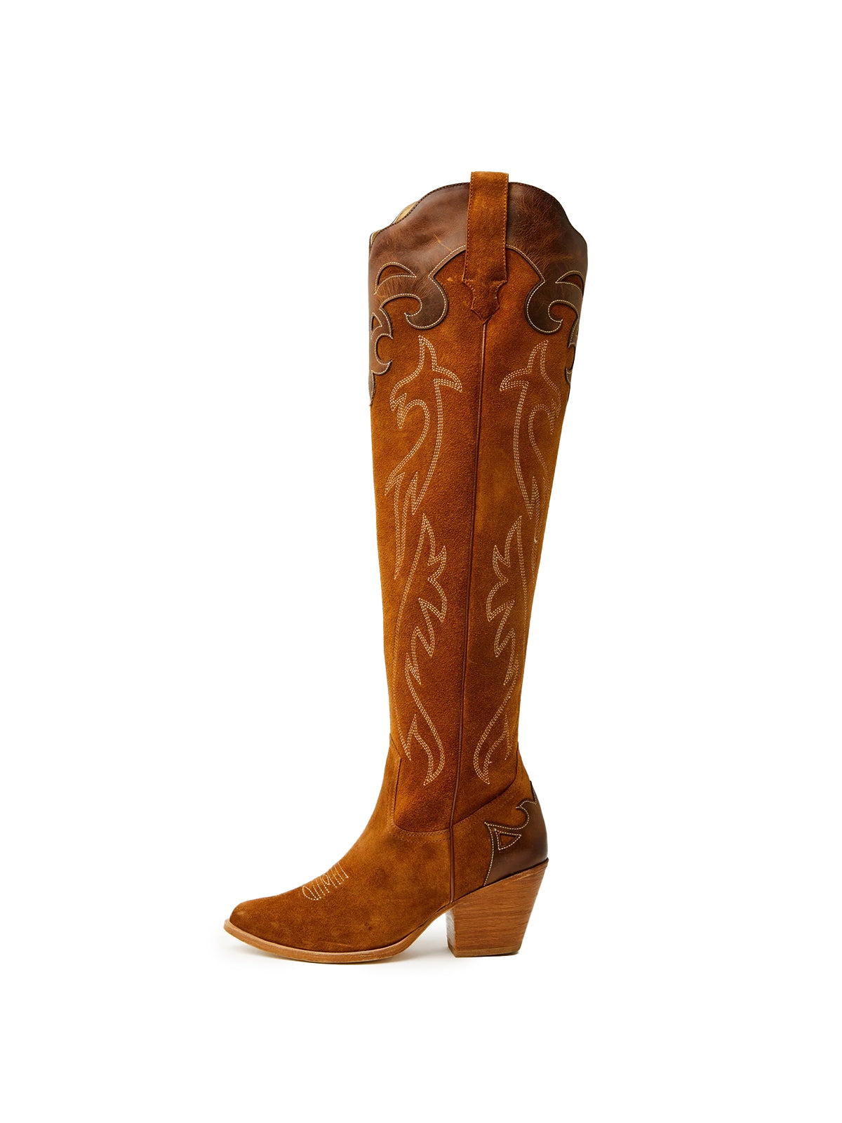 Brown Faux Suede Almond-Toe Embroidery Applique Half-Zip Knee High Cowgirl Boots