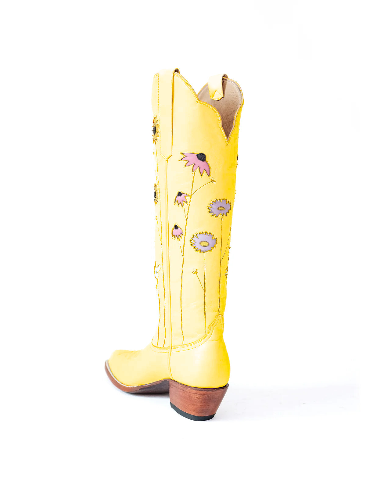 Yellow Almond-Toe Colorful Flowers Inlay Wide Calf Knee High Cowgirl Boots