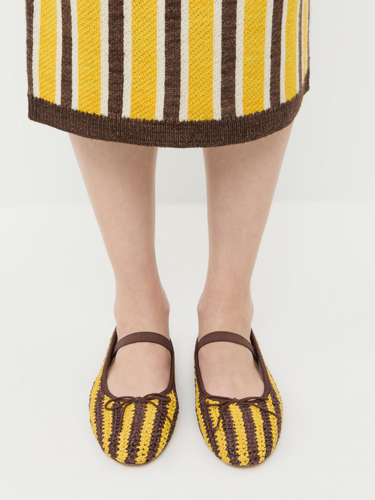 Contrast Yellow And Brown Rope Weaving Round-Toe Front Bow Mary Jane Ballet Flats