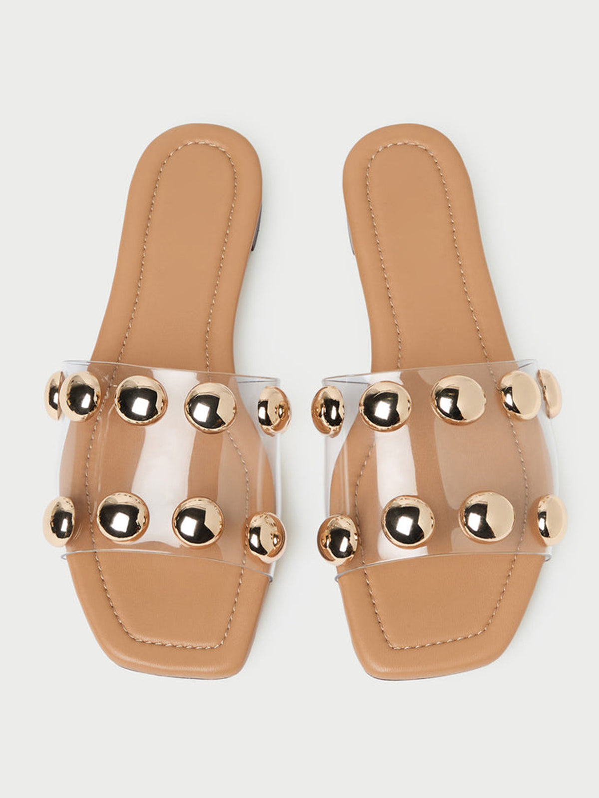 TPU Transparent Film Square-Toe Big Studs Flats Chic Sandals