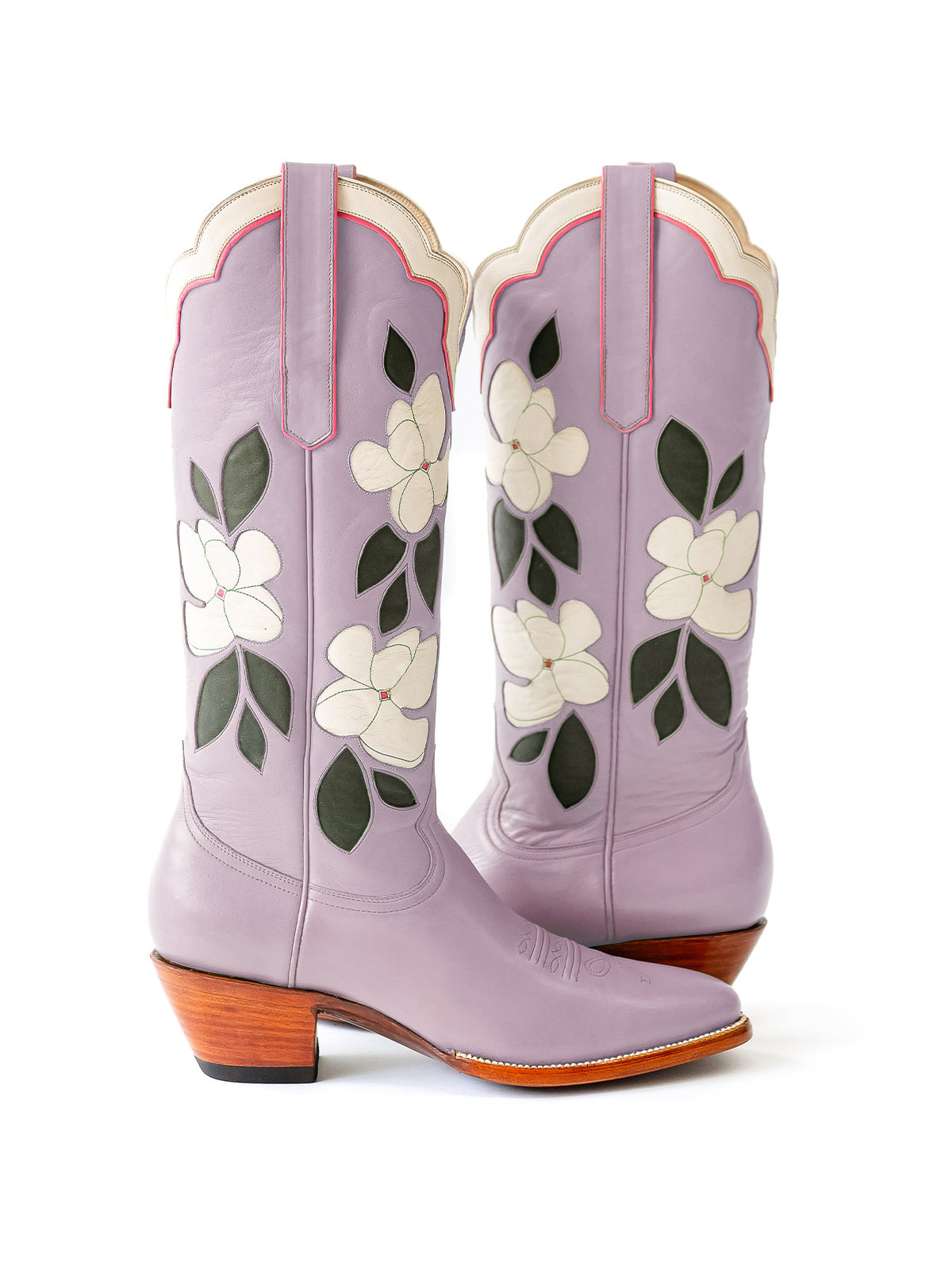Purple Almond-Toe White Flower Inlay Wide Calf Knee High Cowgirl Boots
