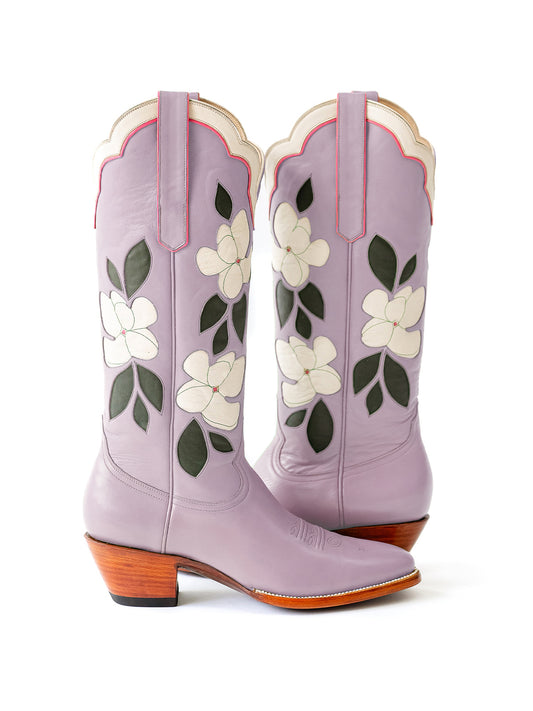 Purple Almond-Toe White Flower Inlay Wide Calf Knee High Cowgirl Boots
