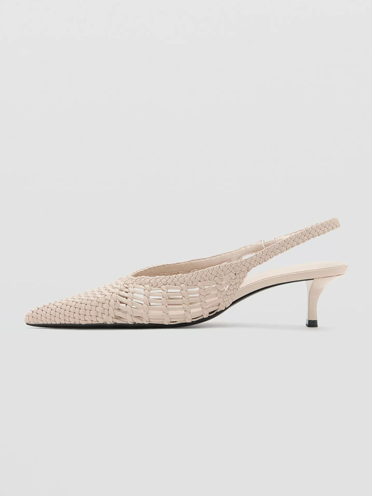 Ecru Woven Vegan Leather Pointed-Toe Classic Back Strap Kitten Heels