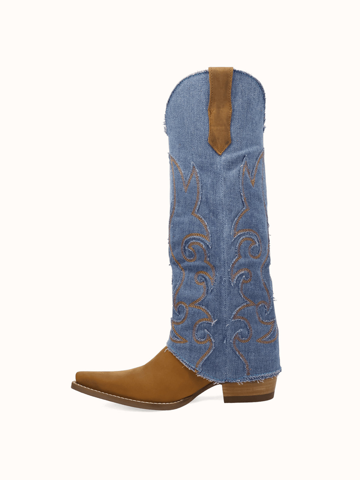 Blue Denim And Brown Snip-Toe Embroidery Fold-Over Wide Calf Knee High Cowgirl Boots