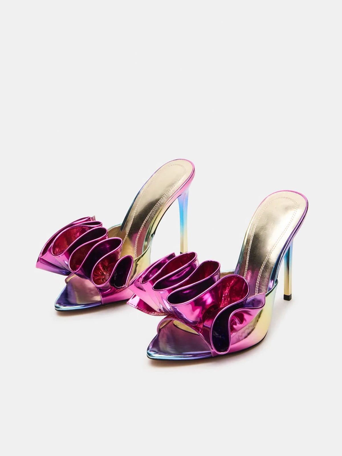 Pointed-Toe Slip-On Ruffle High Heels - Metallic Iridescent