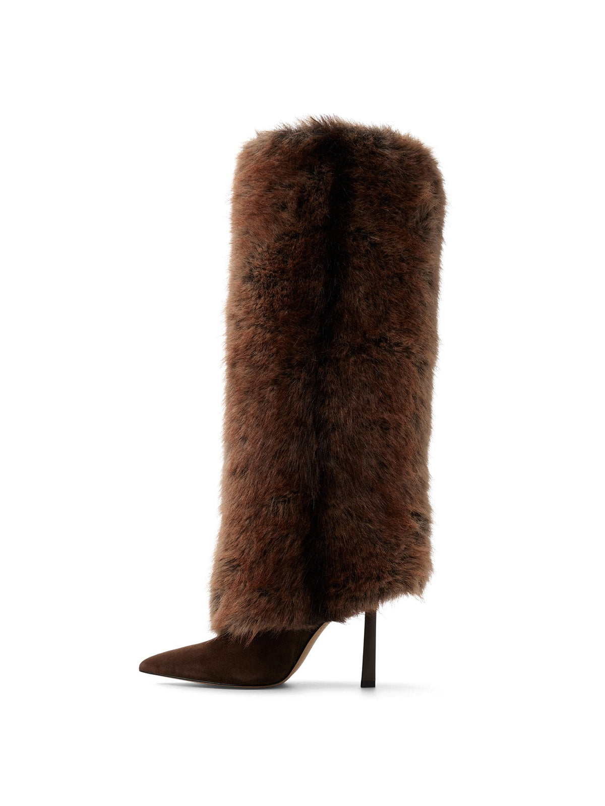 Dark Brown Faux Suede Pointed-Toe Full Plush Knee High Stiletto Boots