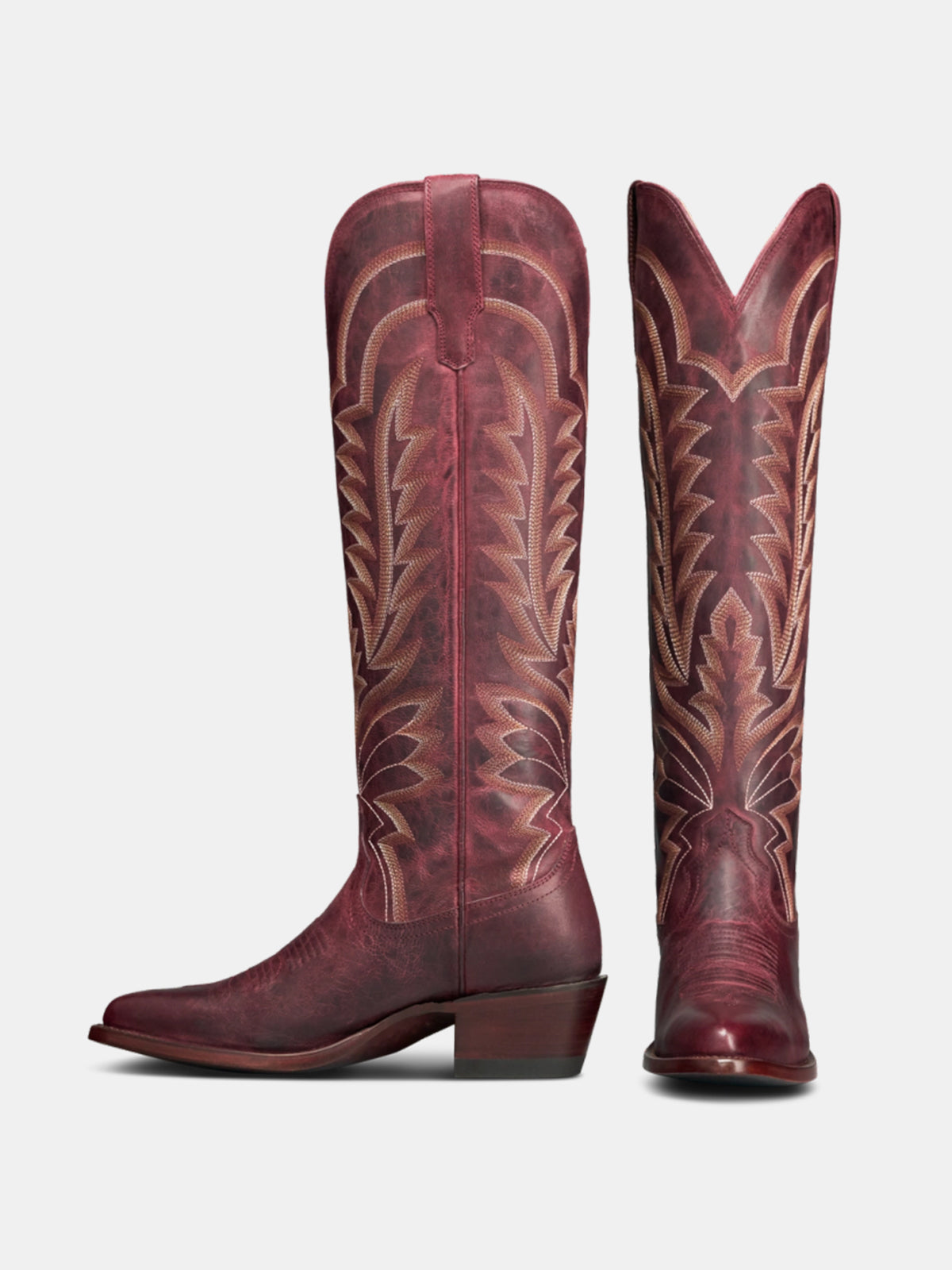 Western Embroidery Almond-Toe Tall Knee High Cowgirl Boots - Wine Red