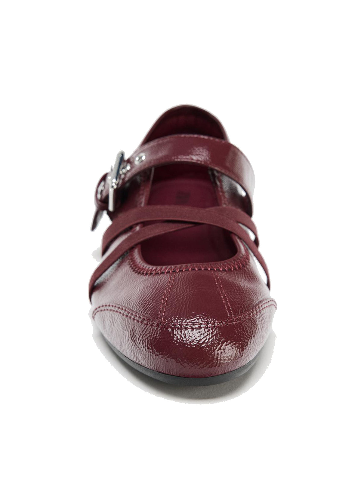 Patent Burgundy Round-Toe Crossed Straps And Buckle Mary Jane Ballet Flats