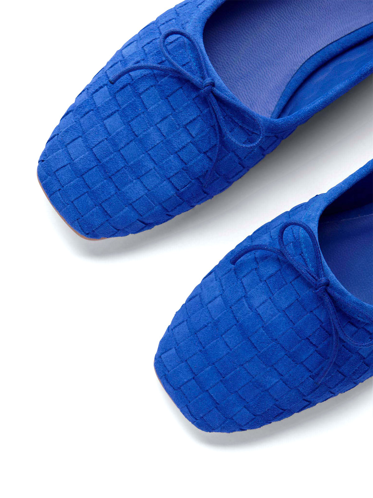 Dark Blue Woven Faux Suede Square-Toe Front Bow Ballet Flats