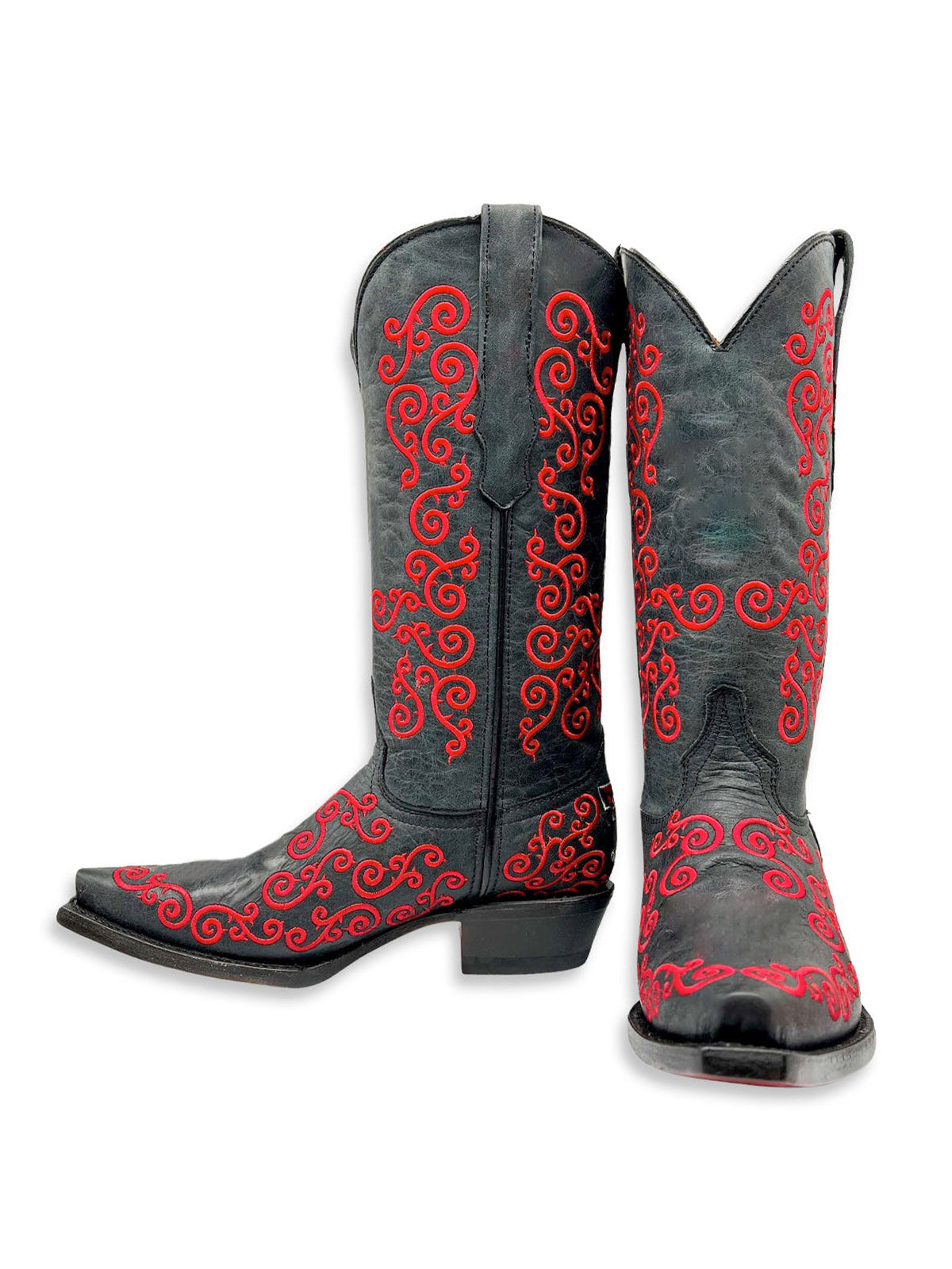 Black Snip-Toe Curl Embroidery Mid Calf Cowgirl Boots