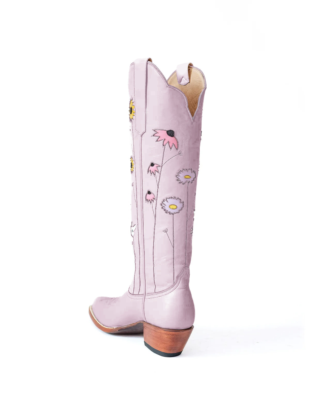 Light Purple Almond-Toe Colorful Flowers Inlay Wide Calf Knee High Cowgirl Boots