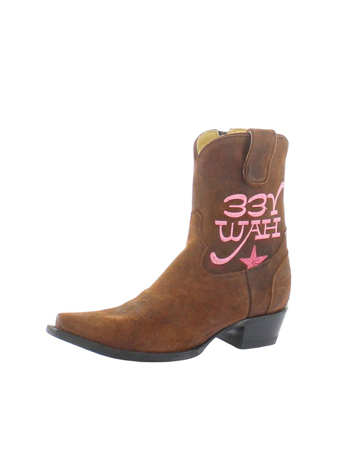 Brown Faux Suede Snip-Toe "YEE HAW" Embroidery Full-Zip Ankle Cowgirl Boots