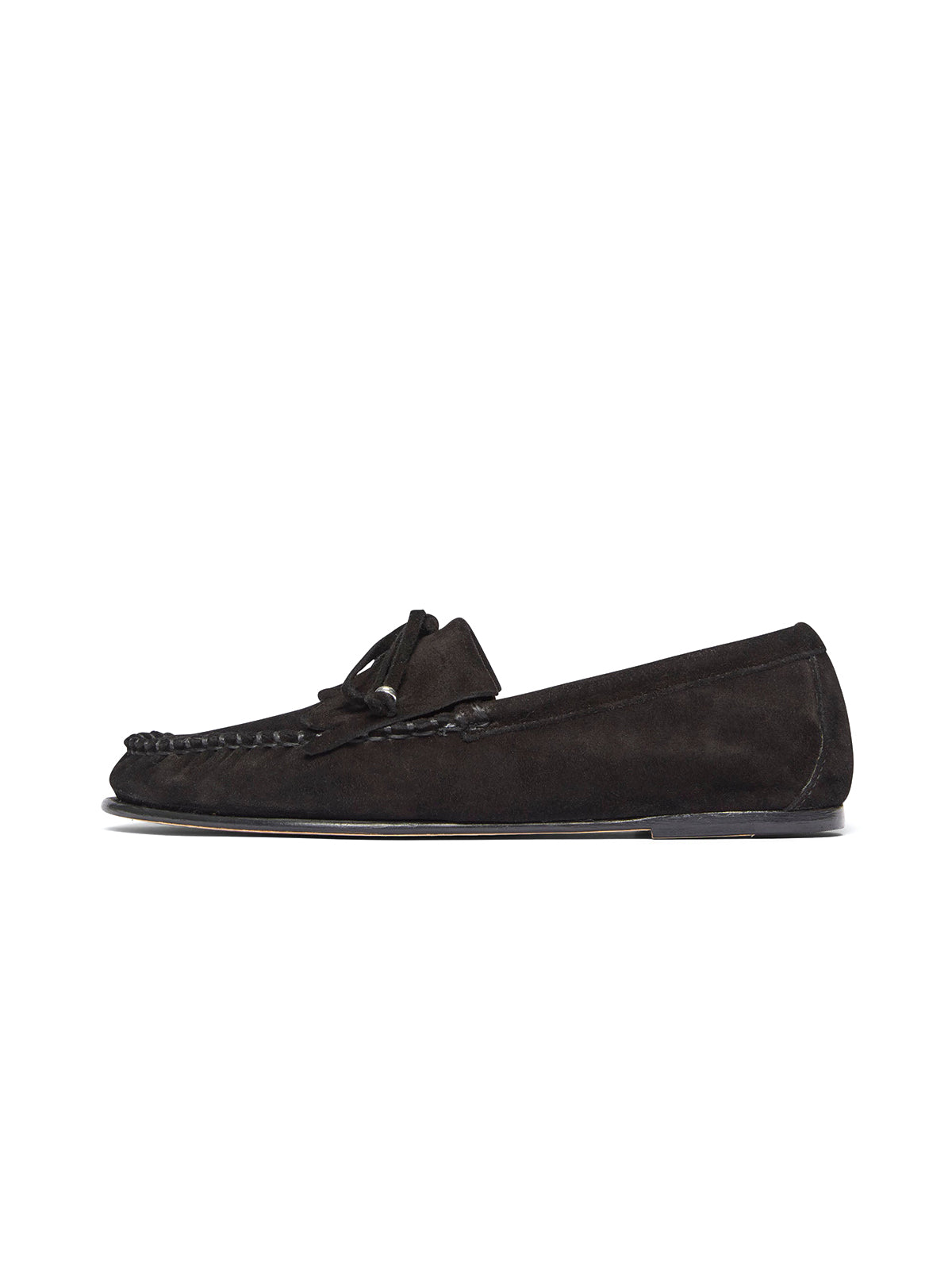 Black Cow Suede Round-Toe Front Fringe And Bow Loafers Flats