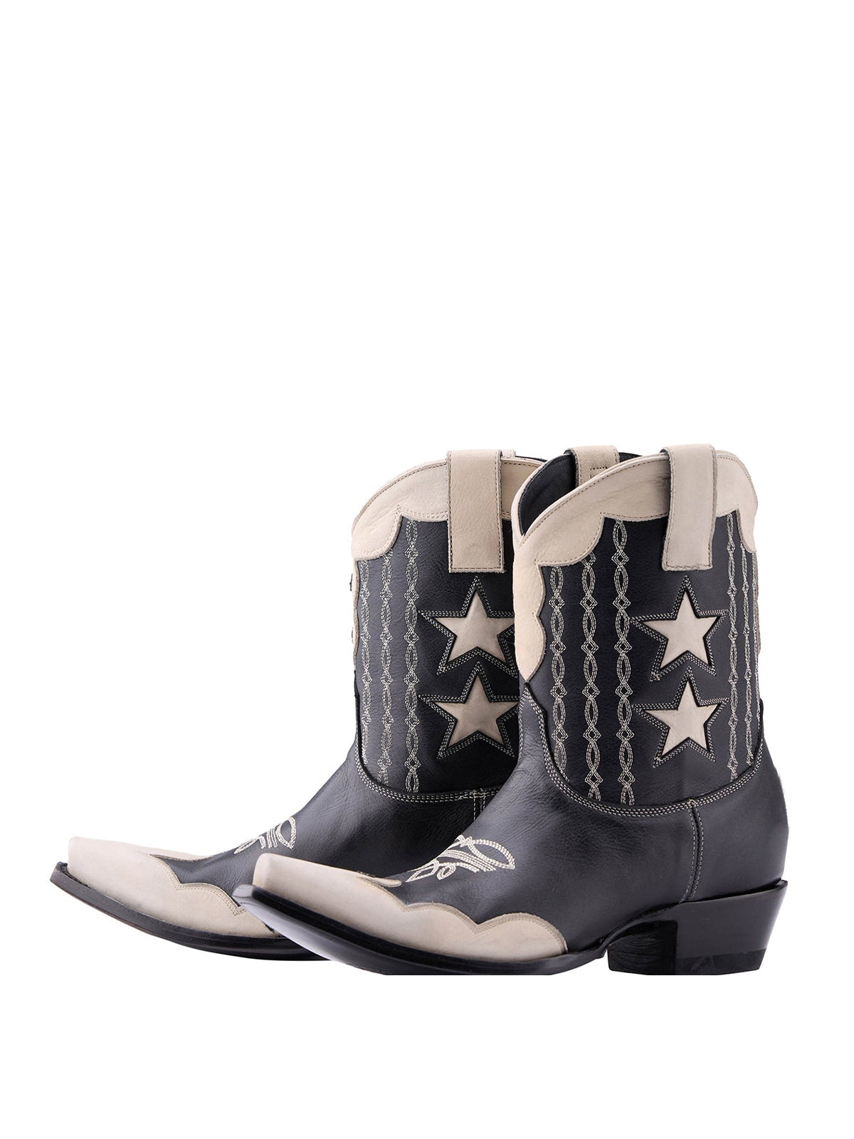 Snip-Toe Stars Inlay Chic Embroidery Ankle Cowgirl Boots - Black And Ivory