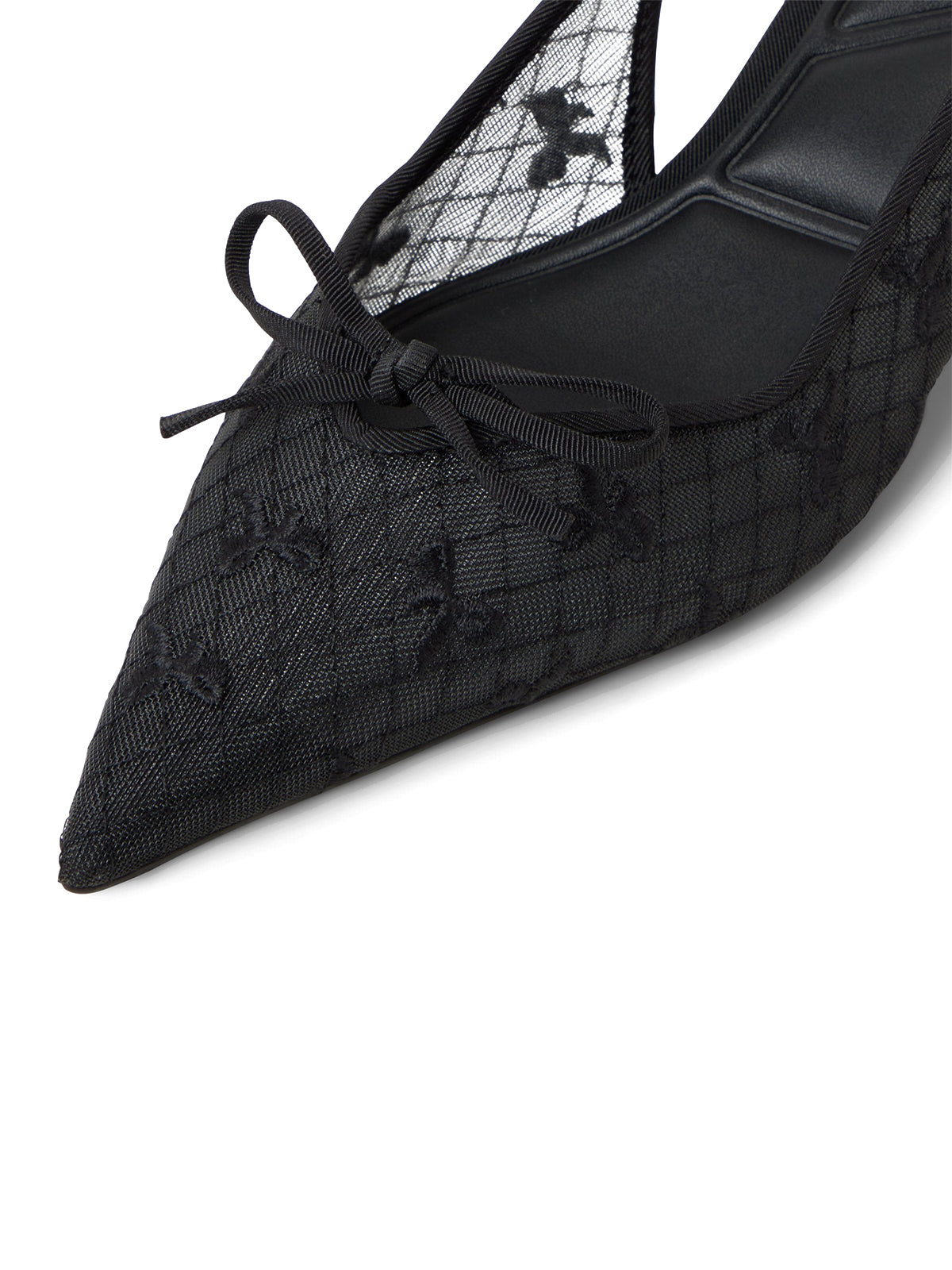 Black Mesh Pointed-Toe Front Bow And Bow Embroidery Slingback Kitten Heels
