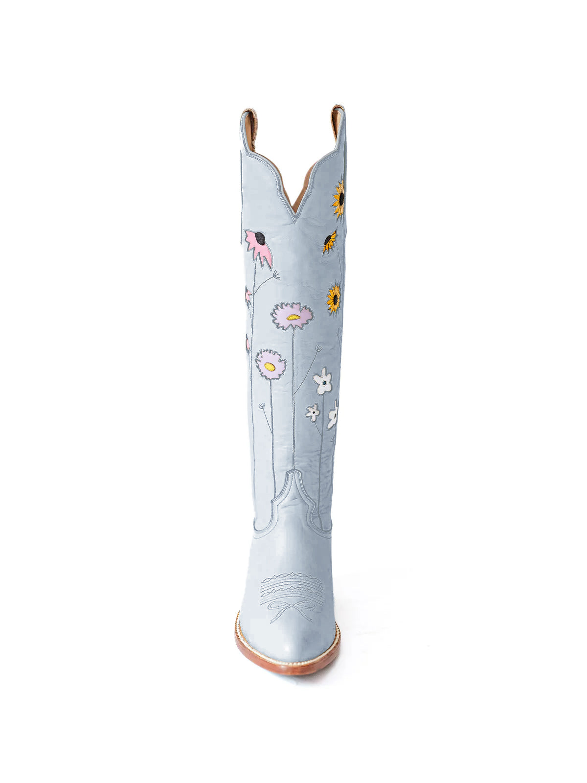 Gray Almond-Toe Colorful Flowers Inlay Wide Calf Knee High Cowgirl Boots