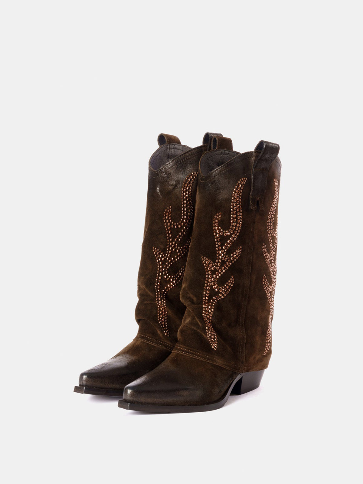 Dark Brown Faux Suede Snip-Toe Studded Fold-Over Mid Calf Cowgirl Boots